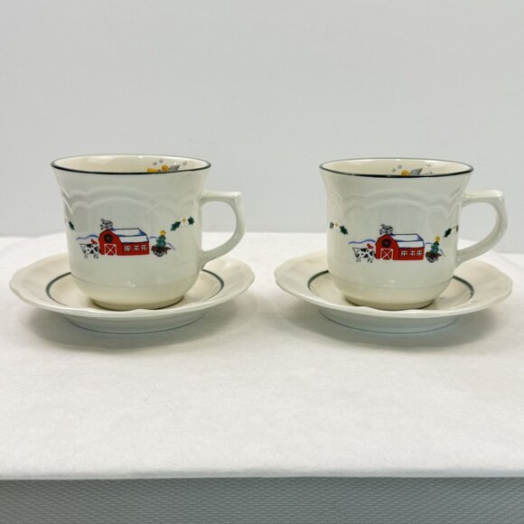 Vtg Set of 2 Pfaltzgraff Snow Village Christmas Farmhouse Coffee Mug Saucer Set - Picture 15 of 16